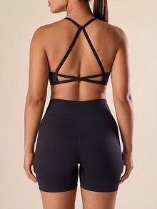 Easithlete Easithlete Women's Plus Size Solid Color Pleated Halter Top And Shorts Casual Daily Sports Set Gym Pilates Black Summer - Black - View 2