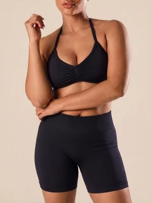 Easithlete Easithlete Women's Plus Size Solid Color Pleated Halter Top And Shorts Casual Daily Sports Set Gym Pilates Black Summer - Black - View 4