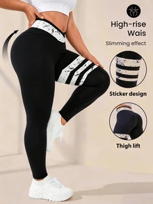 SHEIN Rhythm Era Women's Plus Size Colorblock Casual Daily Wear Sports Tight Leggings - Multicolor - View 3