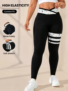 SHEIN Rhythm Era Women's Plus Size Colorblock Casual Daily Wear Sports Tight Leggings - Multicolor - View 1