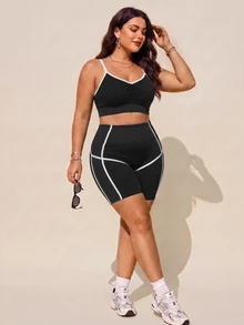 Rhythm Era Plus Size Women's Cropped Camisole Top And Shorts Sports Kawaii Set Gym Black And White Summer - Black - View 5