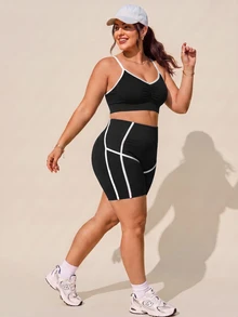 Rhythm Era Plus Size Women's Cropped Camisole Top And Shorts Sports Kawaii Set Gym Black And White Summer - Black - View 6