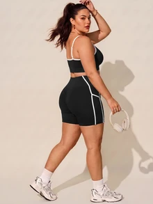 Rhythm Era Plus Size Women's Cropped Camisole Top And Shorts Sports Kawaii Set Gym Black And White Summer - Black - View 4