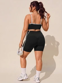 Rhythm Era Plus Size Women's Cropped Camisole Top And Shorts Sports Kawaii Set Gym Black And White Summer - Black - View 2