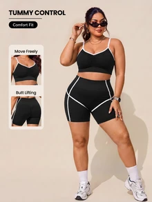 Rhythm Era Plus Size Women's Cropped Camisole Top And Shorts Sports Kawaii Set Gym Black And White Summer - Black - View 1