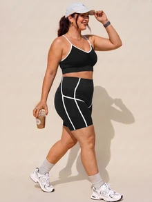 Rhythm Era Plus Size Women's Cropped Camisole Top And Shorts Sports Kawaii Set Gym Black And White Summer - Black - View 3