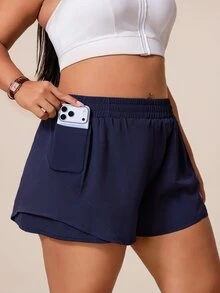 SHEIN Rhythm Era Women's Plus Size Solid Color Elastic Waistband Pockets Daily Fitness Sports Shorts - Navy Blue - View 7