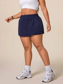SHEIN Rhythm Era Women's Plus Size Solid Color Elastic Waistband Pockets Daily Fitness Sports Shorts - Navy Blue - View 6