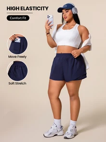 SHEIN Rhythm Era Women's Plus Size Solid Color Elastic Waistband Pockets Daily Fitness Sports Shorts - Navy Blue - View 1
