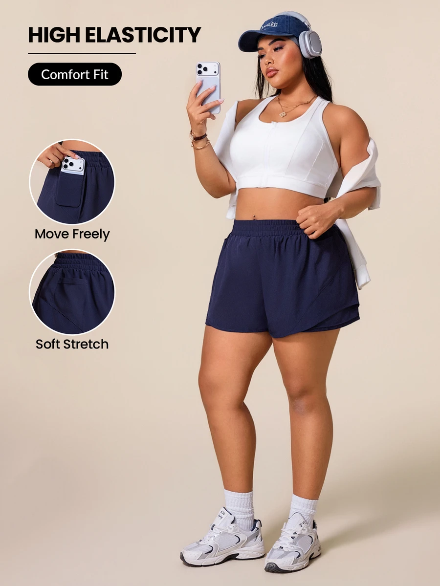 SHEIN Rhythm Era Women's Plus Size Solid Color Elastic Waistband Pockets Daily Fitness Sports Shorts - Navy Blue - View 1
