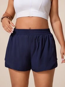 SHEIN Rhythm Era Women's Plus Size Solid Color Elastic Waistband Pockets Daily Fitness Sports Shorts - Navy Blue - View 3