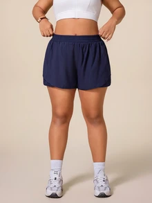 SHEIN Rhythm Era Women's Plus Size Solid Color Elastic Waistband Pockets Daily Fitness Sports Shorts - Navy Blue - View 5