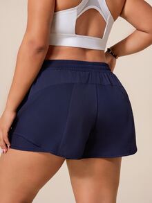 SHEIN Rhythm Era Women's Plus Size Solid Color Elastic Waistband Pockets Daily Fitness Sports Shorts - Navy Blue - View 2