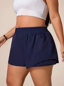 SHEIN Rhythm Era Women's Plus Size Solid Color Elastic Waistband Pockets Daily Fitness Sports Shorts - Navy Blue - View 4