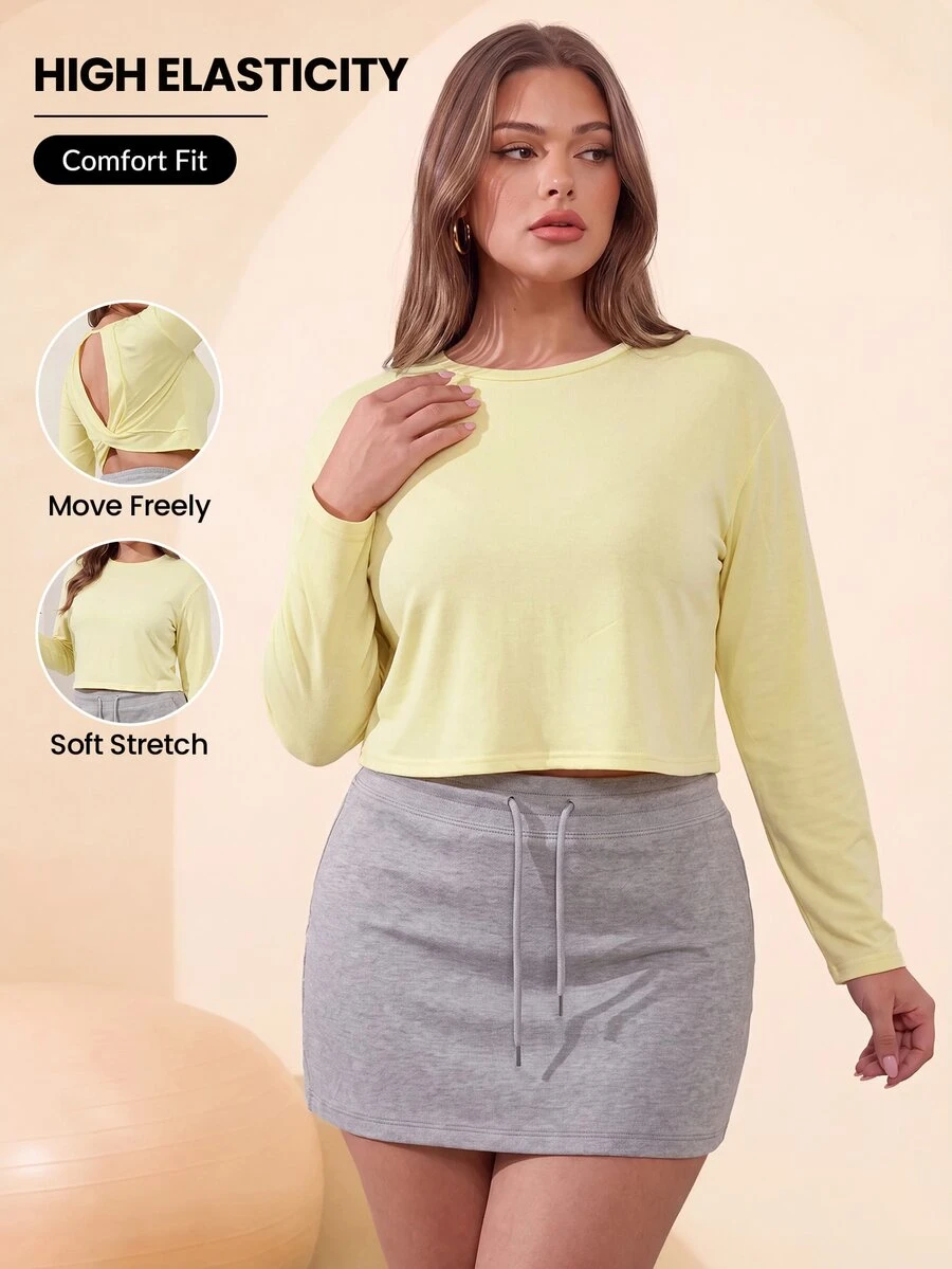 SHEIN Unity Women's Plus Size Solid Color Crew Neck Cropped Long Sleeve Sports Kawaii T-Shirt Autumn Gym Yellow - Yellow - View 1