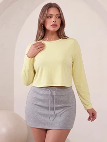 SHEIN Unity Women's Plus Size Solid Color Crew Neck Cropped Long Sleeve Sports Kawaii T-Shirt Autumn Gym Yellow - Yellow - View 5