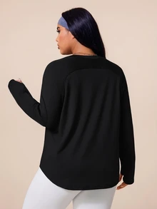 SHEIN Rhythm Era Women's Plus Size Solid Color Long Sleeve Sports T-Shirt Fall - Black - View 2