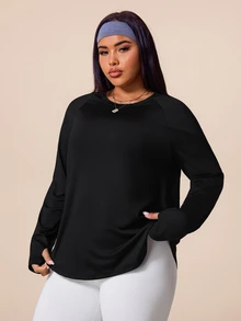 SHEIN Rhythm Era Women's Plus Size Solid Color Long Sleeve Sports T-Shirt Fall - Black - View 4