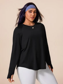 SHEIN Rhythm Era Women's Plus Size Solid Color Long Sleeve Sports T-Shirt Fall - Black - View 5