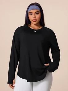 SHEIN Rhythm Era Women's Plus Size Solid Color Long Sleeve Sports T-Shirt Fall - Black - View 3