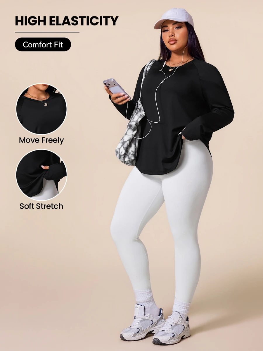 SHEIN Rhythm Era Women's Plus Size Solid Color Long Sleeve Sports T-Shirt Fall - Black - View 1