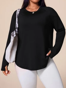 SHEIN Rhythm Era Women's Plus Size Solid Color Long Sleeve Sports T-Shirt Fall - Black - View 7