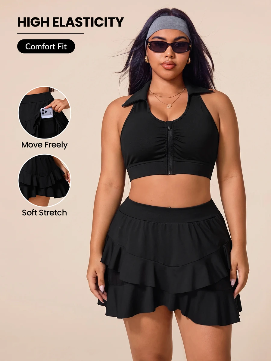 SHEIN Rhythm Era Rok Celana Pendek Olahraga Kasual Serbaguna untuk Pakaian Sehari-hari, Warna Polos Ukuran Plus untuk Wanita - Hitam - View 1