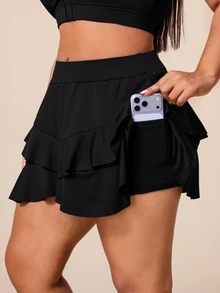 SHEIN Rhythm Era Rok Celana Pendek Olahraga Kasual Serbaguna untuk Pakaian Sehari-hari, Warna Polos Ukuran Plus untuk Wanita - Hitam - View 6