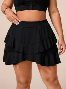 SHEIN Rhythm Era Rok Celana Pendek Olahraga Kasual Serbaguna untuk Pakaian Sehari-hari, Warna Polos Ukuran Plus untuk Wanita - Hitam - View 3
