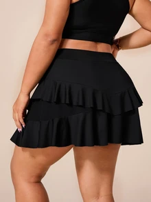 SHEIN Rhythm Era Rok Celana Pendek Olahraga Kasual Serbaguna untuk Pakaian Sehari-hari, Warna Polos Ukuran Plus untuk Wanita - Hitam - View 2