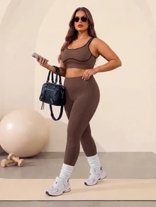 Rhythm Era 2 PCS Celana Legging Olahraga Wanita Ukuran Besar untuk Pilates dan Gym Warna Cokelat Musim Panas - MultiWarna - View 3