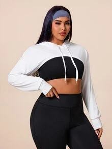 SHEIN Rhythm Era 女款大尺碼純色連帽短版運動衫 健身 黑白配色 秋季 熱帶牛仔女孩風 - 白色 - 查看 6