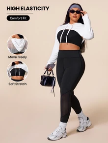 SHEIN Rhythm Era 女款大尺碼純色連帽短版運動衫 健身 黑白配色 秋季 熱帶牛仔女孩風 - 白色 - 查看 1