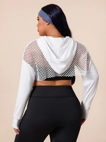 SHEIN Rhythm Era 女款大尺碼純色連帽短版運動衫 健身 黑白配色 秋季 熱帶牛仔女孩風 - 白色 - 查看 2