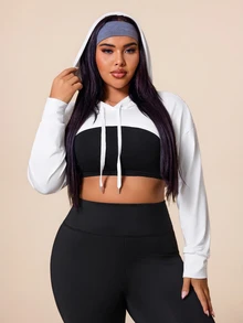 SHEIN Rhythm Era 女款大尺碼純色連帽短版運動衫 健身 黑白配色 秋季 熱帶牛仔女孩風 - 白色 - 查看 3