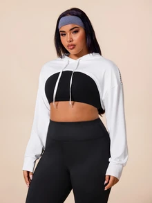 SHEIN Rhythm Era 女款大尺碼純色連帽短版運動衫 健身 黑白配色 秋季 熱帶牛仔女孩風 - 白色 - 查看 5