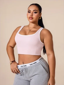 SHEIN Rhythm Era 粉色大尺碼運動背心，U領寬肩帶短版瑜伽背心，高彈性修身露背瑜伽背心 - 粉色 - 查看 5