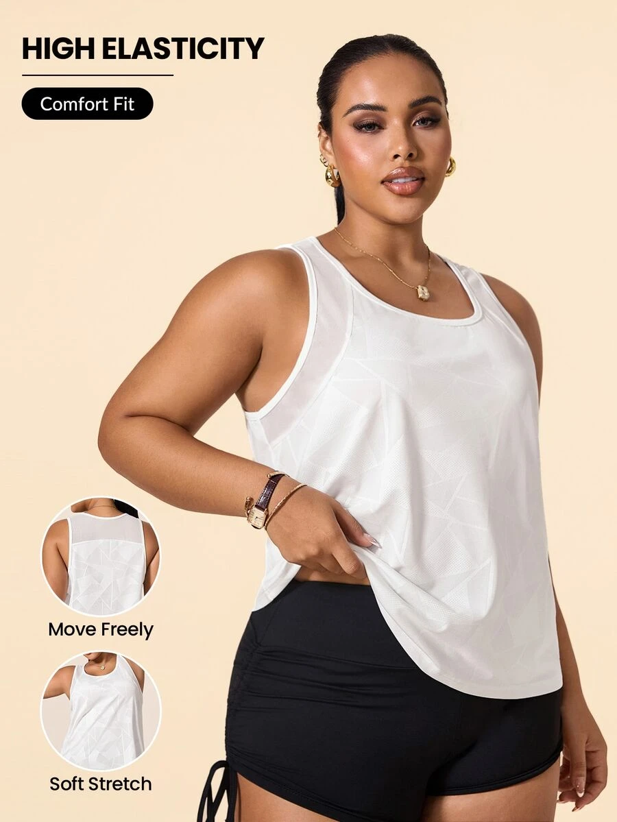 SHEIN Unity Women's Plus Size Geometric Print Casual Fitness Sports Tank Top - White - View 1