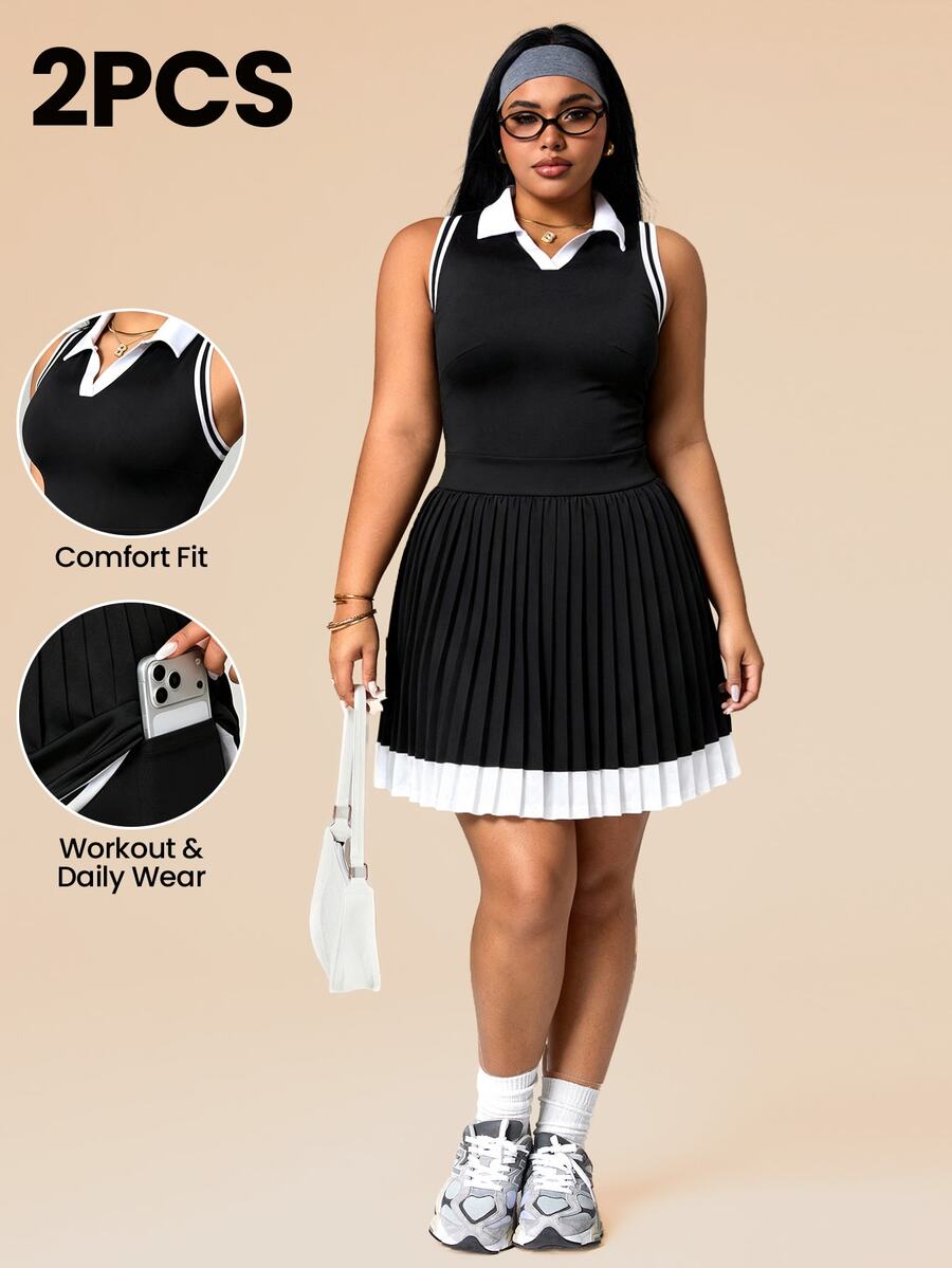 SHEIN Rhythm Era Gaun Olahraga Musim Panas Kasual Lipit Blok Warna Ukuran Plus untuk Wanita - Hitam dan Putih - View 1