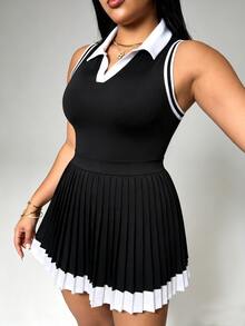 SHEIN Rhythm Era Gaun Olahraga Musim Panas Kasual Lipit Blok Warna Ukuran Plus untuk Wanita - Hitam dan Putih - View 6