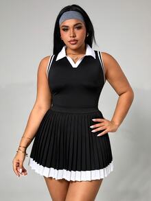 SHEIN Rhythm Era Gaun Olahraga Musim Panas Kasual Lipit Blok Warna Ukuran Plus untuk Wanita - Hitam dan Putih - View 4