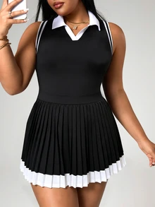 SHEIN Rhythm Era Gaun Olahraga Musim Panas Kasual Lipit Blok Warna Ukuran Plus untuk Wanita - Hitam dan Putih - View 3