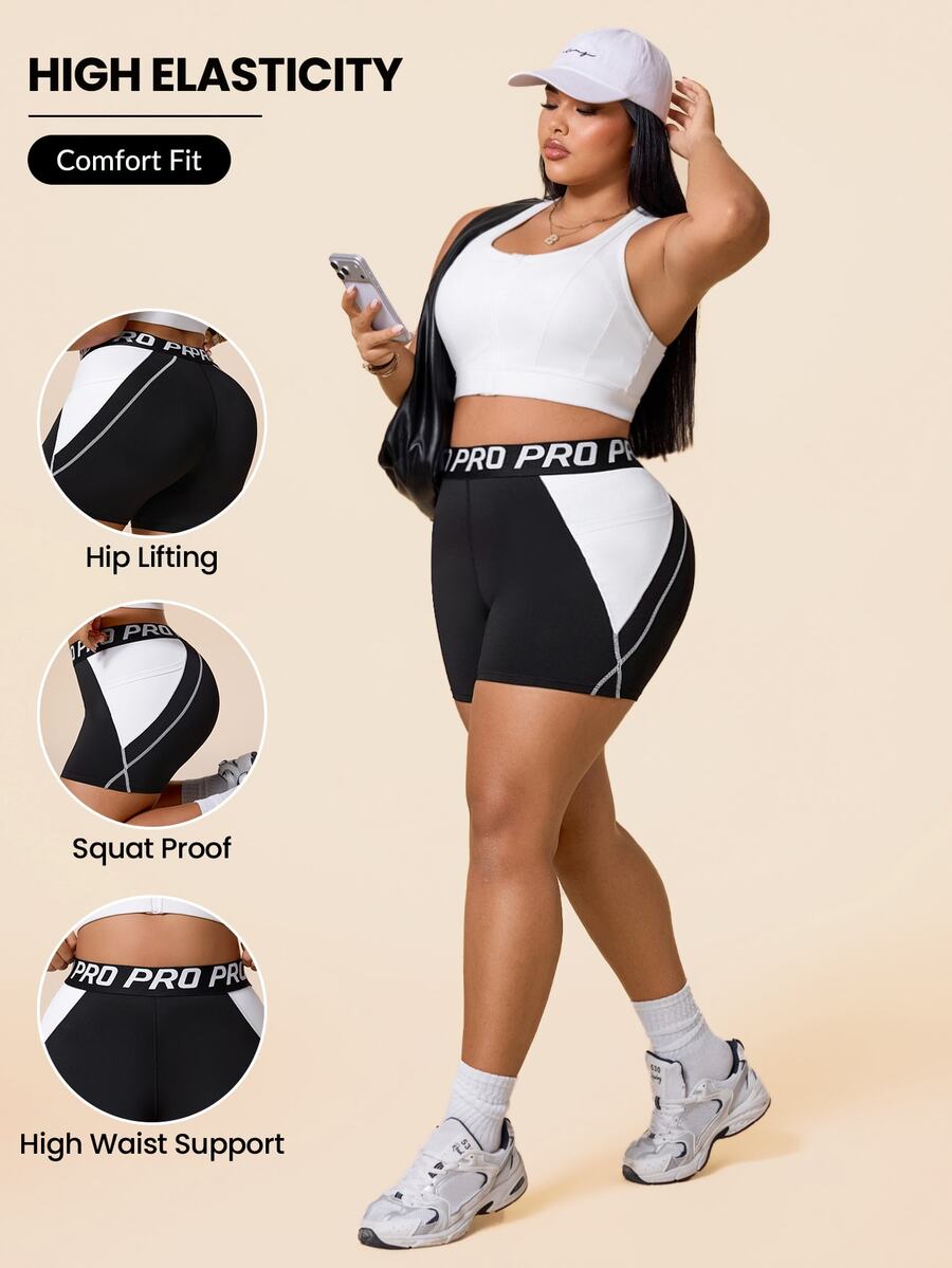 SHEIN Unity Women's Plus Size Colorblock Patchwork Sports Shorts - Black and White - View 1
