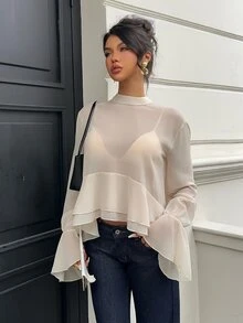 Siren Gaze 女款優雅半透荷葉邊襯衫,秋季 - 杏色 - 查看 8