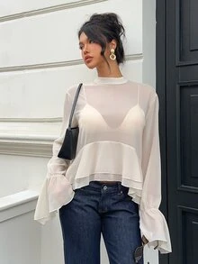 Siren Gaze 女款優雅半透荷葉邊襯衫,秋季 - 杏色 - 查看 6