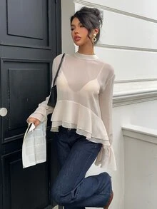 Siren Gaze 女款優雅半透荷葉邊襯衫,秋季 - 杏色 - 查看 7
