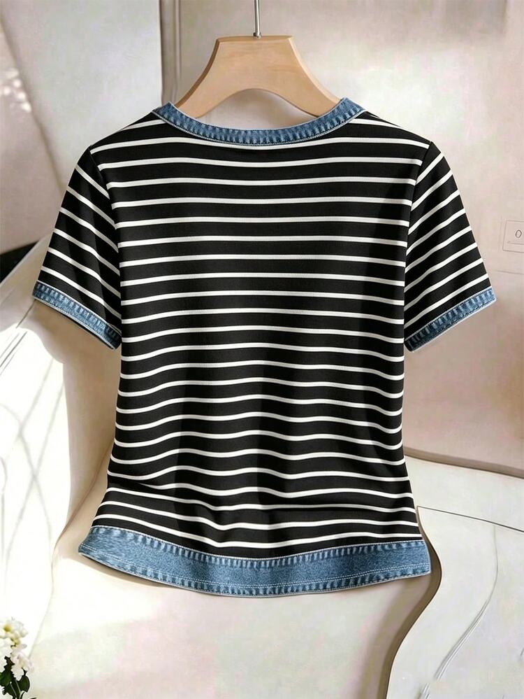 GlowEve CURVE Plus Size Women's V-Neck Effect Patchwork Striped Short Sleeve Shirt, Summer - Multicolor - View 2