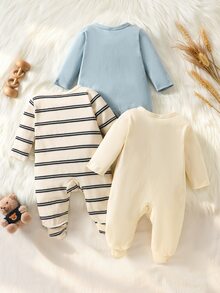 SHEIN 新生兒卡通圖案休閒可愛日常穿著家庭套裝連身褲 藍色 米色 白色 秋季 - 彩色 - 查看 2