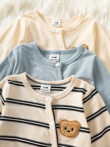 SHEIN 新生兒卡通圖案休閒可愛日常穿著家庭套裝連身褲 藍色 米色 白色 秋季 - 彩色 - 查看 5