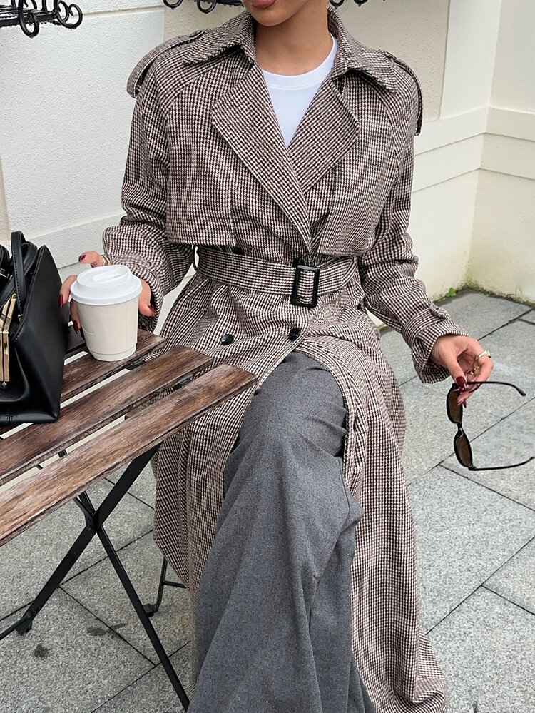 SHEIN EZwear Mantel lengan panjang motif houndstooth vintage dengan kancing - Mocha Brown - View 7